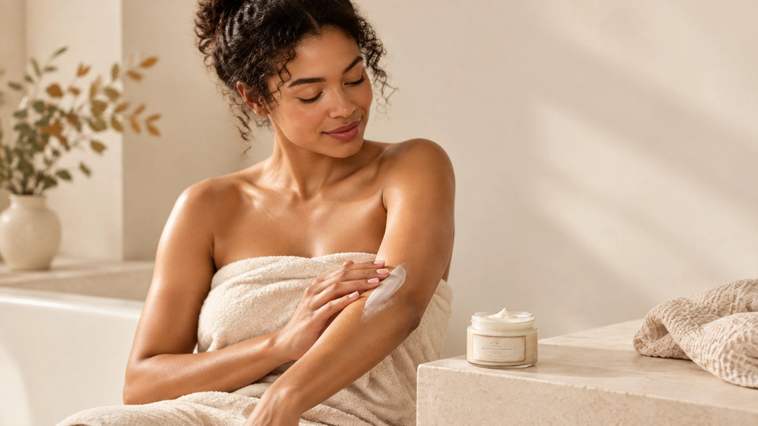 Adult woman applying body lotion in a calm, softly lit bathroom with Bathphoria Vanilla Oatmeal Lotion nearby